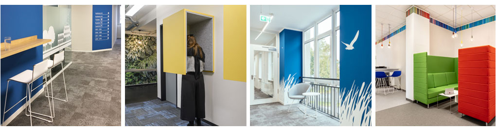 Bilderreihe mit vier Beispielen für die Flurnutzung bei klassischer Bürostruktur mit Zellenbüros. Links ein Holzbord an der Wand mit zwei Barhockern, dann eine gelbe Telefonkabine, die an der Flurwand befestigt ist. Drittens eine Sessel mit Beistelltisch vor einem Flurfenster. Am Ende Ein Flur mit 2 Hochlehnersofas in grün und rot. Im Hintergrund ein Stehtisch mit zwei blauen Barhockern.