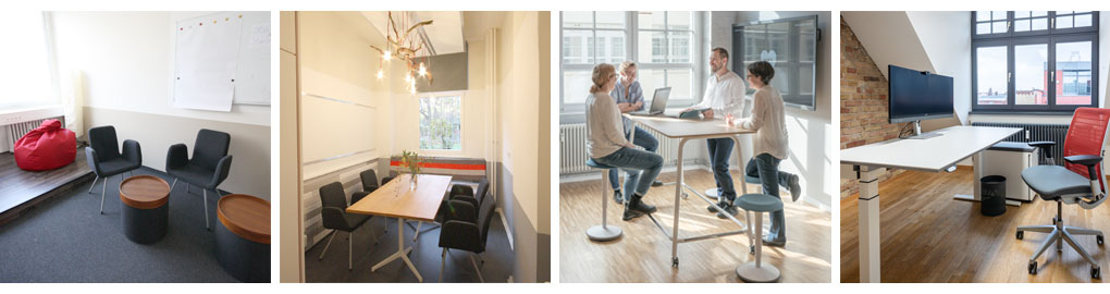 Bildreihe mit vier Bildern zu Funktionen im Acticity-based Working: Links ein Einzelraum für Adhoc-Besprechung mit Armlehnstühlen und Sitzsack. Dann ein enger schmaler Raum mit einem Besprechungstisch und 4 Polsterstühlen sowie schönem Licht. Drittes Bild: 4 Personen besprechen sich an einem Stehtisch mit beweglichen Steh-Sitz-Hockern. Im letzten Bild ein Einzelarbeitsplatz.