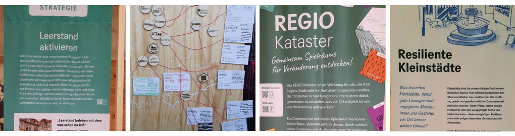 Bilderreihe einer Ausstellung über Kleinstädte unter anderem mit der Strategie Leerstand aktivieren