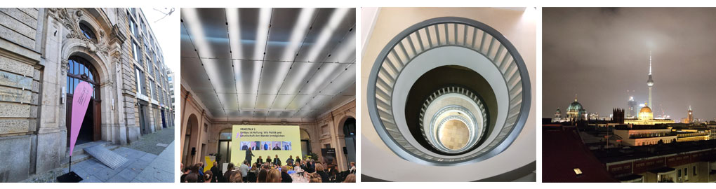 Ein Bildstreifen mit 4 Bildern zum Innenarchitektur-Summit des bund deutscher innenarchitektinnen und innenarchitekten in Berlin 2025. Zu sehen ist eine Fahne am Eingang der Akademie der Wissenschaften, der Veranstaltungsraum mit Panel-Talk, das Treppenauge im GEbäude und der Nachthimmel mit Blick auf den beleuchteten Fernsehturm und Berlin Dom.
