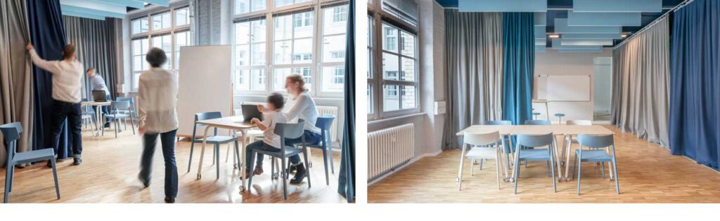 Vorhänge und Deckenbaffel farbig zur Verbesserung der Akustik