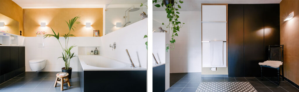 Zwei Bilder eines Familienbads in einem Bauernhaus. Lehmputz, Schwarz-Weiß-Kontraste, Wandleuchten.