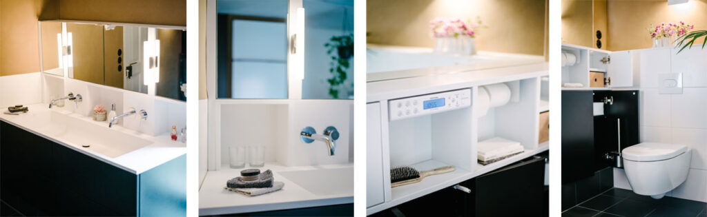 Vier Detailaufnahmen von Badschränken. Wasserhähne aus der Wand, Waschbecken aus Mineralwerkstoff, Einbau-Radio und weitere Spezialanfertigungen.