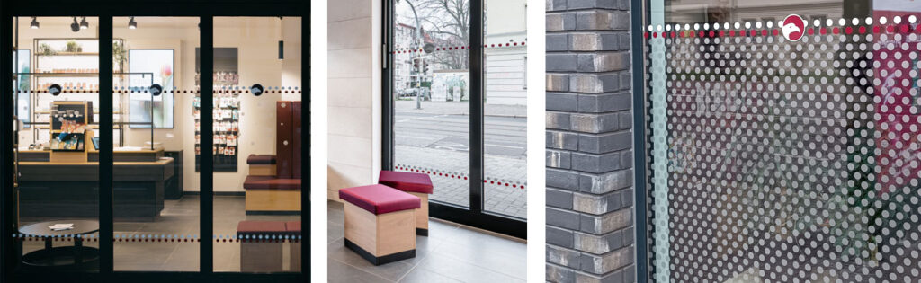Ein Bildstreifen mit 3 Bildern zu einer Glasbeklebung für eine Apotheke. Die Folienbeklebung besteht aus kontrastreichen roten und weißen Punkten, die je nach Lichteinfall sichtbar sind.