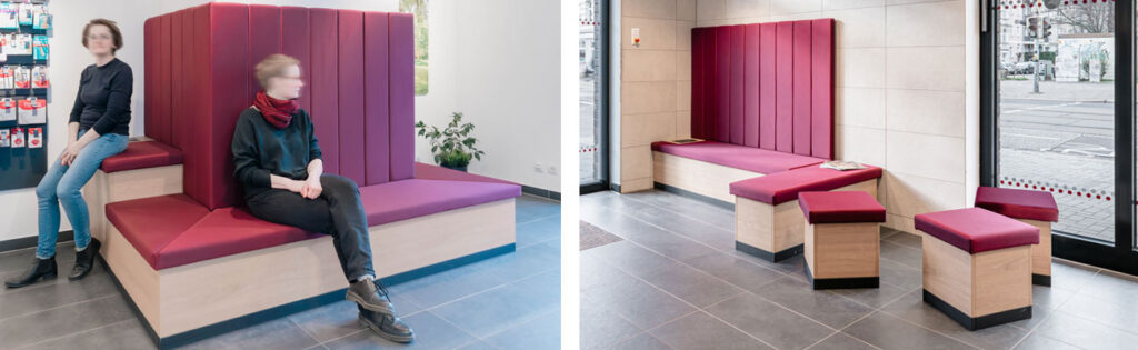 Doppelbild mit roten Sitzbänken in einer Apotheke