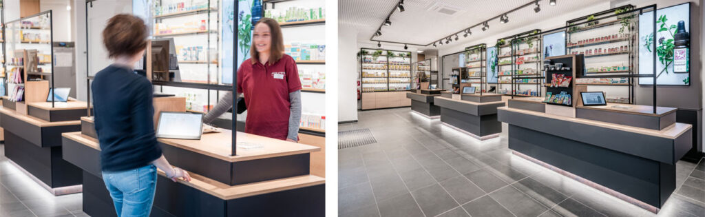 Ein Doppelbild mit Tresen in einer Apotheke. Links ein Beratungsgespräch, rechts ein Blick auf 3 dunkelgraue, separat gestellte Tresen mit kontrastreichen hellen Holzarbeitsplatten. der raum ist eine Apotheke. Viel Platz und die Tresengestaltung machen die Apotheke barrierefrei.