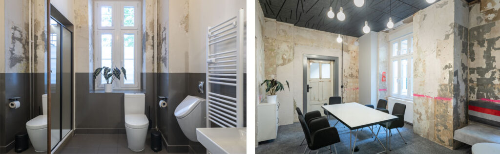 Ein Doppelbild mit WC und Besprechungsraum aus dem gleichen Büro. In beiden Bildern sieht man roh belassene Wände. Schwarze und graue sowie weiße Akzente passen zusammen.