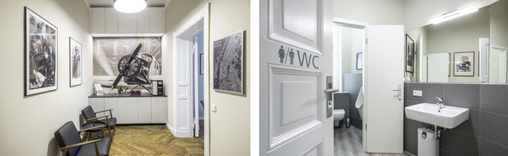 Ein Doppelbild einer Arztpraxis mit Wartebereich und WC.