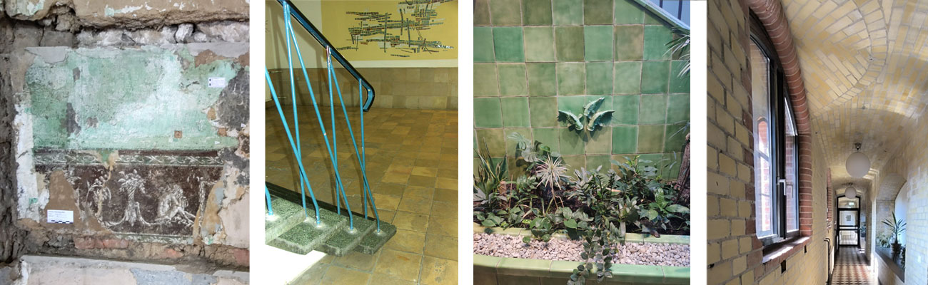 Vier Details von Gebäuden unter Denkmalschutz. Ein historischer Bildfries mit Ranken und Figuren, ein Treppenhaus der Nachkriegszeit mit quadratischen Solnhofer Platten, ein brunnenähnlicher Einbau in einem Foyer mit grünen Fliesen und Fisch-Relief sowie ein Flur mit gelben und roten Ziegeln und historischen Fliesen.