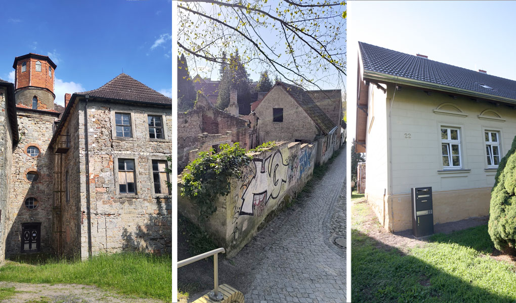Drei Bilder von historischen Gebäuden voer, während und nach der Sanierung. Links ein Schloss aus Feldstein mit TZurm, in der Mitte ein ruinöses Wohnhaus mit zerstörten Nebengebäuden, rechts ein Wohnhaus mit saniertem Dach.