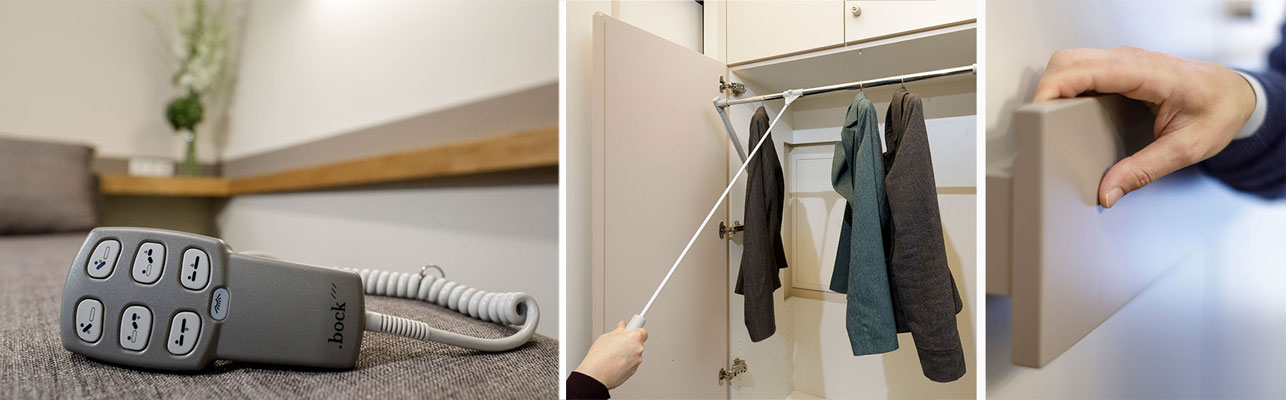 Drei Bilder mit Hilfen für beeinträchtigte Personen: Die Bedienung für ein Pflegebett liegt auf einem grauen Stoff. Eine Hand hält den Griff eines manuellen Schranklifts und an der Stange hängen drei Jacken auf Bügeln. Im dritten Bild greift eine Hand an einem Haltegriff entlang einer Wand.