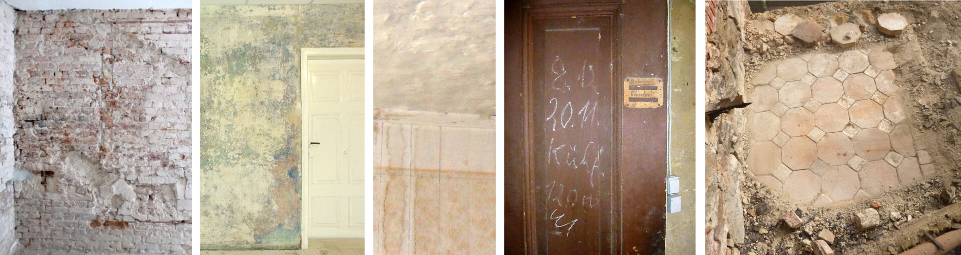 Bildcollage mit Fotos vom Bauernhaus sanieren: Rohes unregelmäßiges Ziegelmauerwerk, Wand mit Farbresten, mit Kreide beschriftete alte Tür und ein alter Terrakottaboden.