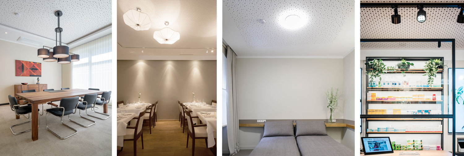 Beispiele für Lochdecken aus Gipskartonplatten für eine gute Raumakustik. Fotos von einem Notariat, einem Restaurant, einem Hotelzimmer und einer Apotheke.