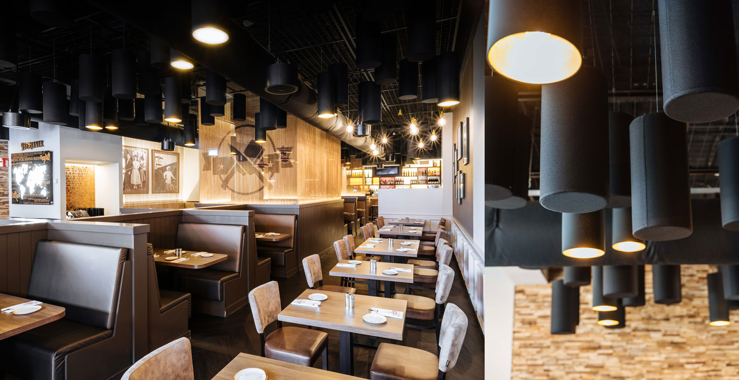 Urig wirkendes Restaurant mit goldenen und braunen Ausstattungselementen. Von der Decke hängen zylinderförmige schwarze Akustik-Baffles. Rechts sind die Baflles als Nahaufnahme dargestellt.