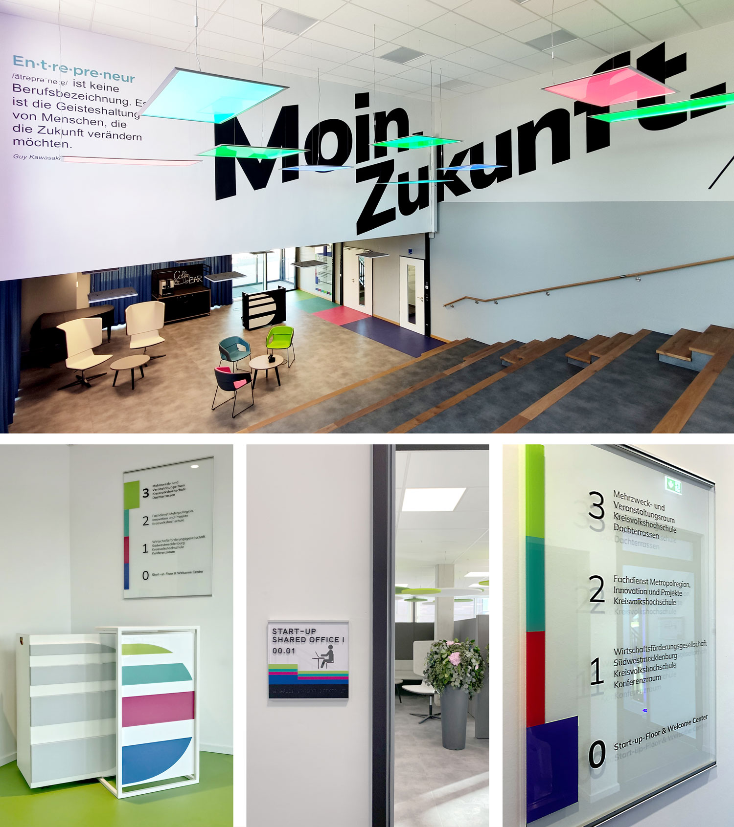 Eine Bildcollage mit Eindrücken aus dem Gründerzentrum DeveLUP in Ludwigslust. Die Corporate Design-Farben Hellgrün, Cyan, Magenta und Tiefblau tauchen in mehreren Schildern des Leitsystems auf sowie in Möbelstoffen und Bodenbelägen.