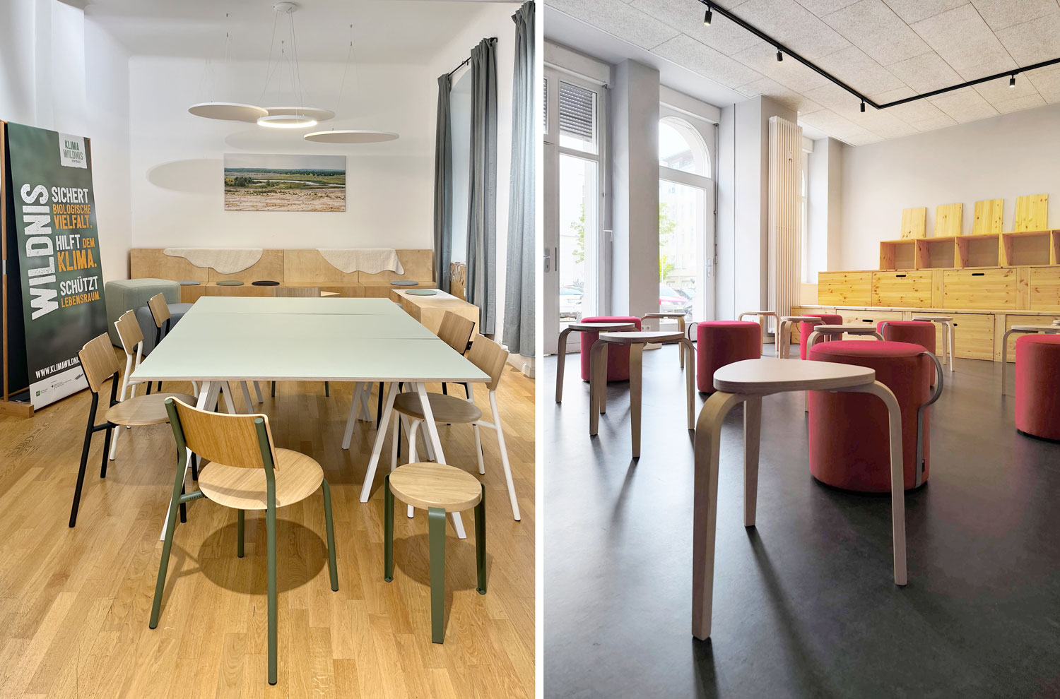 Zwei Bilder zu nachhaltiger Innenarchitektur mittels flexibler Möblierung wie losen Tischplatten auf Böcken, Stapelstühlen und tragbaren Hockern.