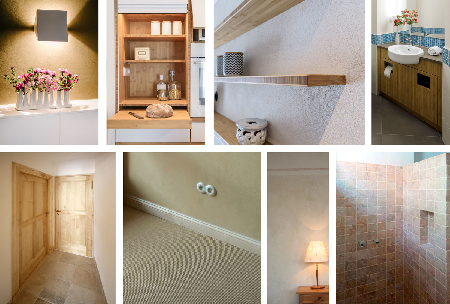 Eine Collage aus Innenraumdetails mit wohngesunden und natürlichen Materialien: Lehnputz, Kalkputz, Holz, Sisal, Naturstein und mehr.