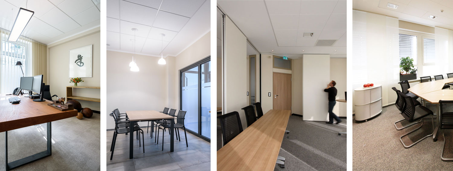 Beispiele für Rasterdecken für eine gute Raumakustik. Fotos von einem Chefbüro, einem Pausenraum, einem Konferenzraum mit Faltwand und einem Seminarraum.