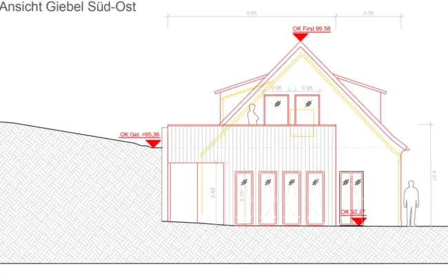 Hausansicht als Rot-Gelb-Plan