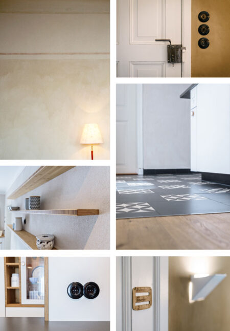 Eine Bildcollage mit nachhaltigen Materialien und historischen und modernen Elementen. Lehmputz, Kalkputz, Marmormehlputz, Bakelit-Steckdosen von THPG, Musterfliesen.